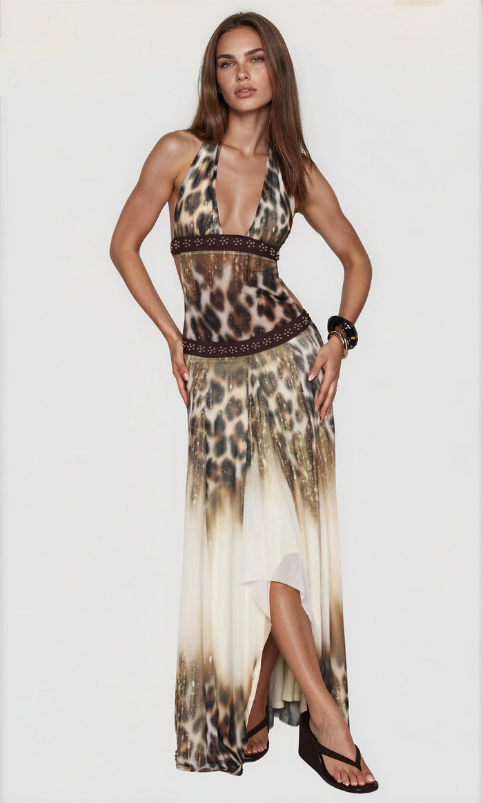 Ginevra Halter Leopard Midi Dress