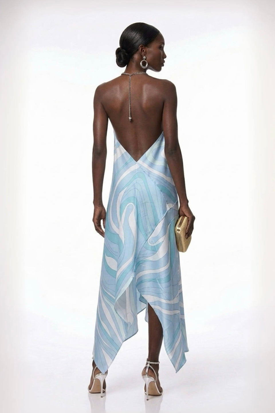 Jacinthe Marble Swirl Chain Halter Asymmetric Maxi Dress