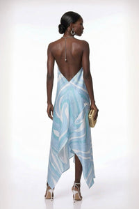 Jacinthe Marble Swirl Chain Halter Asymmetric Maxi Dress