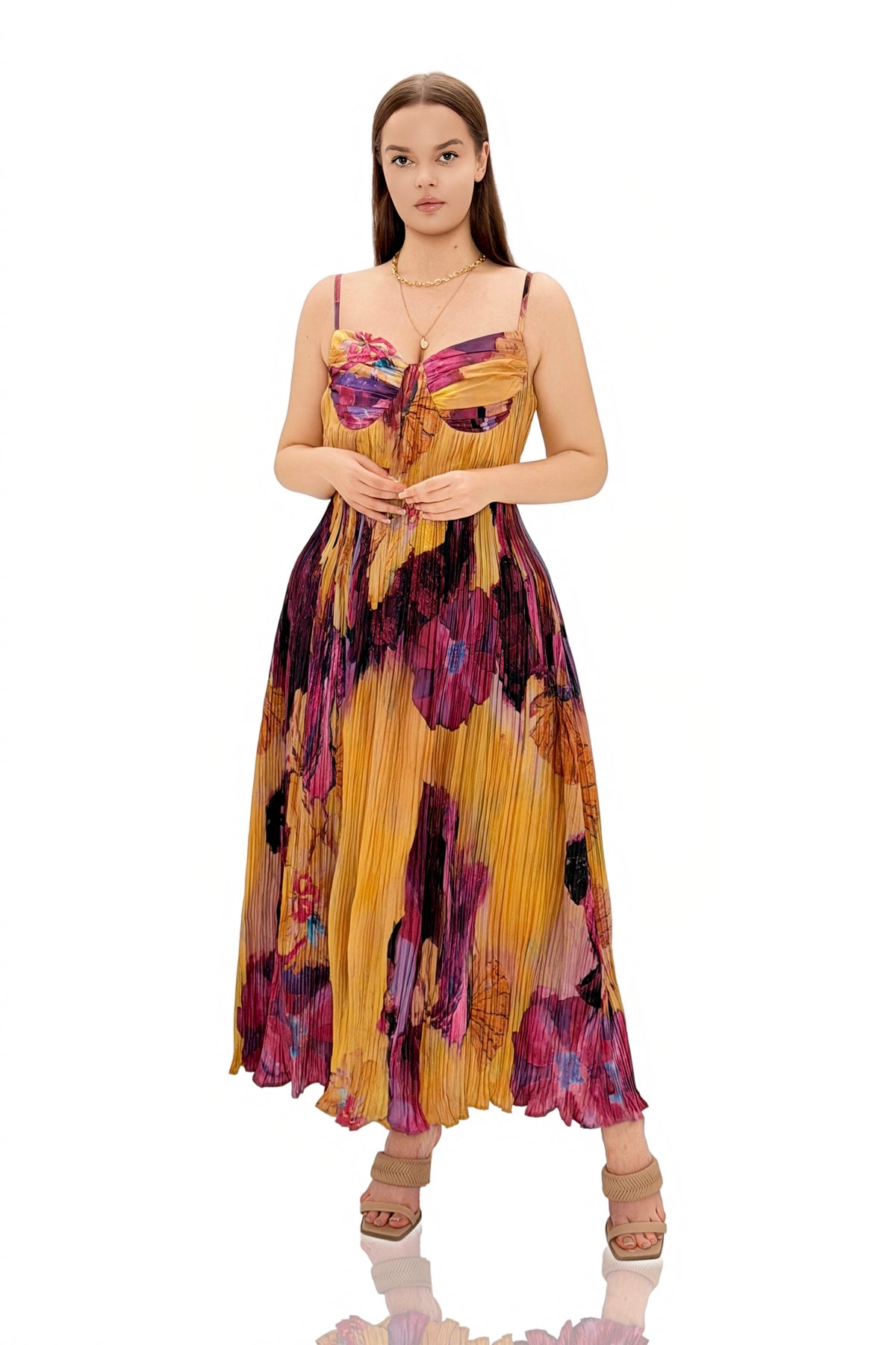 Rosalina Floral Print Pleated Cami Maxi Dress
