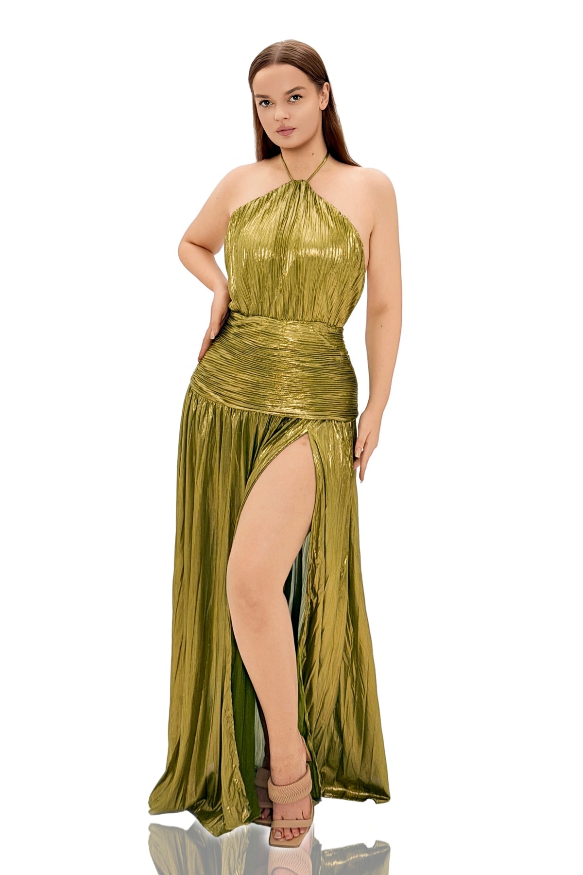 Asemilo Halterneck Split Pleated Metallic Maxi Dress