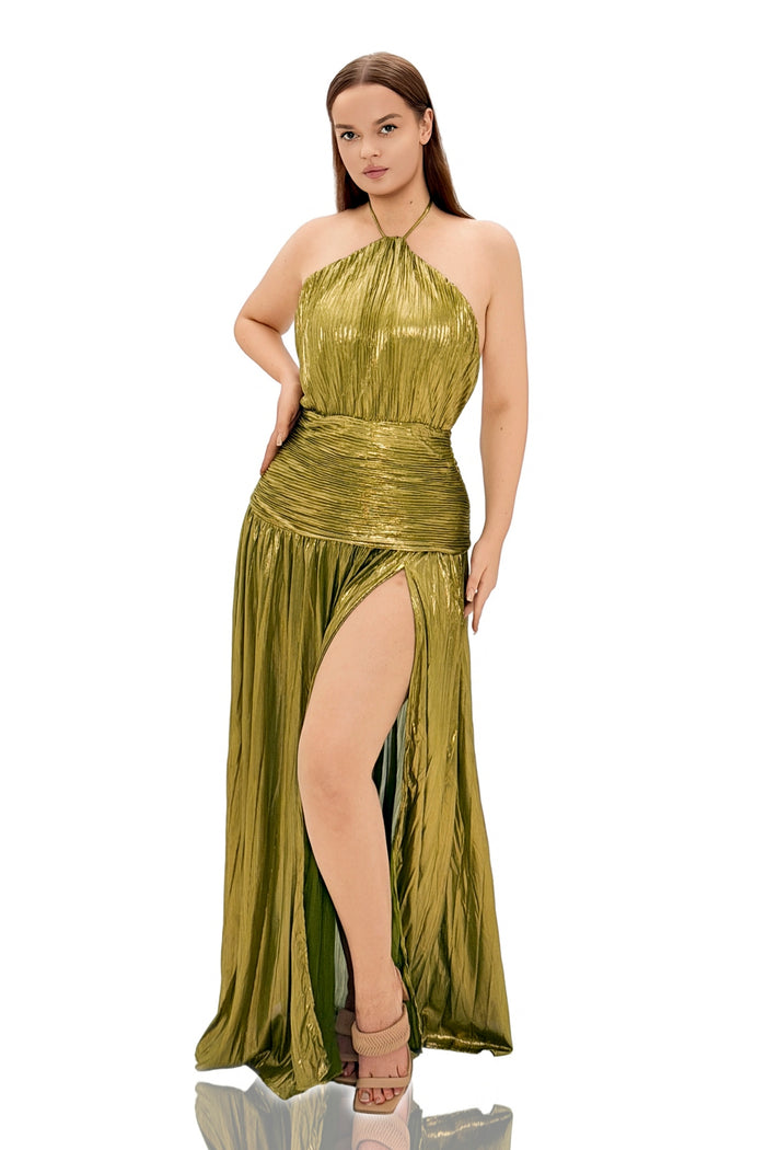 Asemilo Halterneck Split Pleated Metallic Maxi Dress