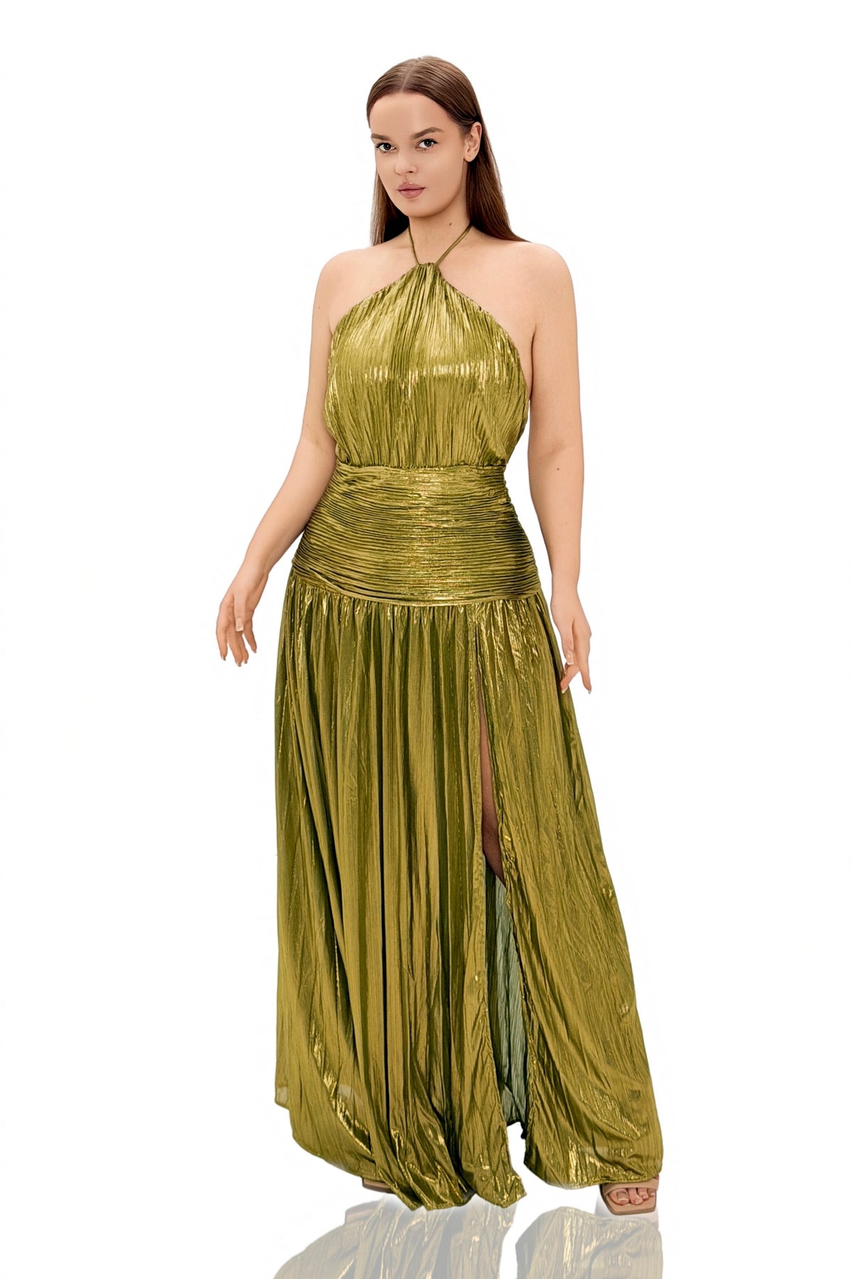 Asemilo Halterneck Split Pleated Metallic Maxi Dress