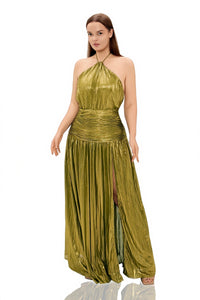 Asemilo Halterneck Split Pleated Metallic Maxi Dress