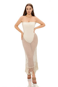 Decova Mesh Knit Fringe Trim Tube Dress Set