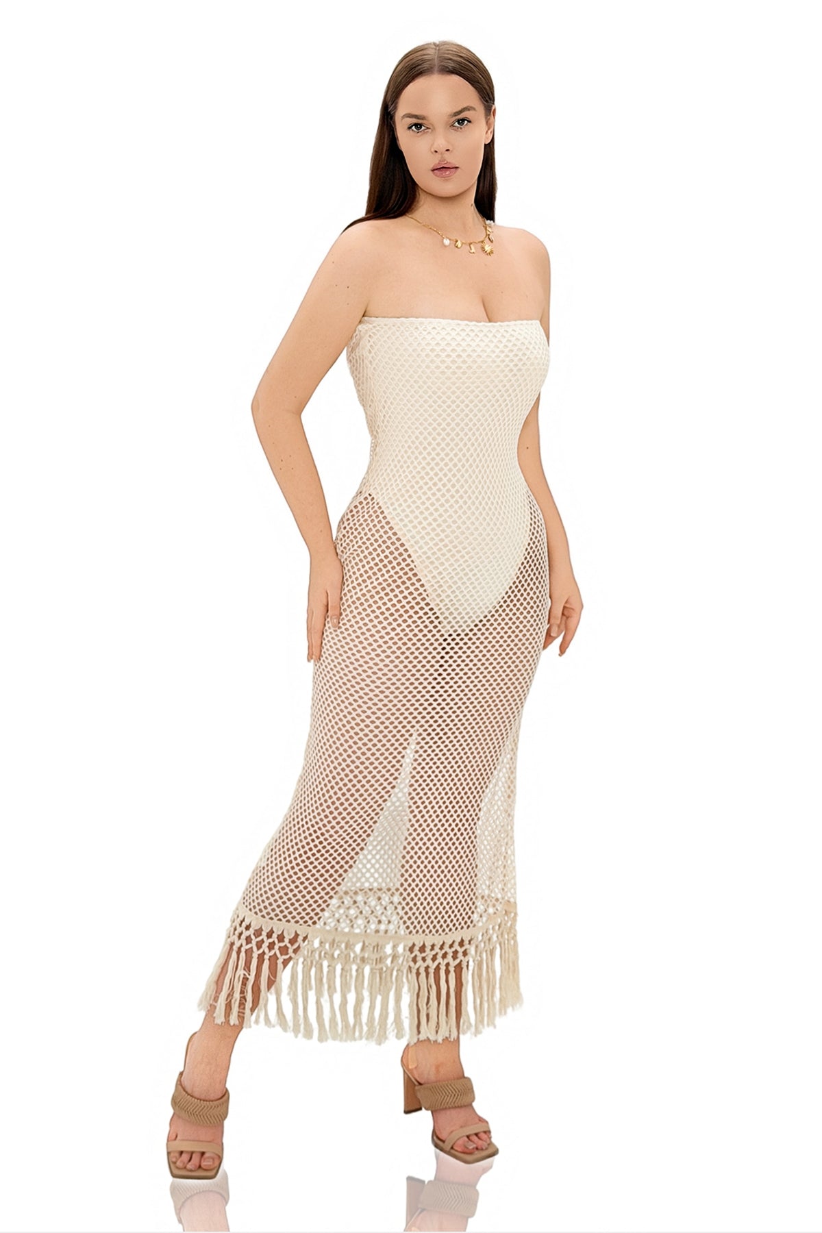 Decova Mesh Knit Fringe Trim Tube Dress Set