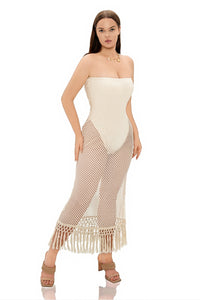Decova Mesh Knit Fringe Trim Tube Dress Set