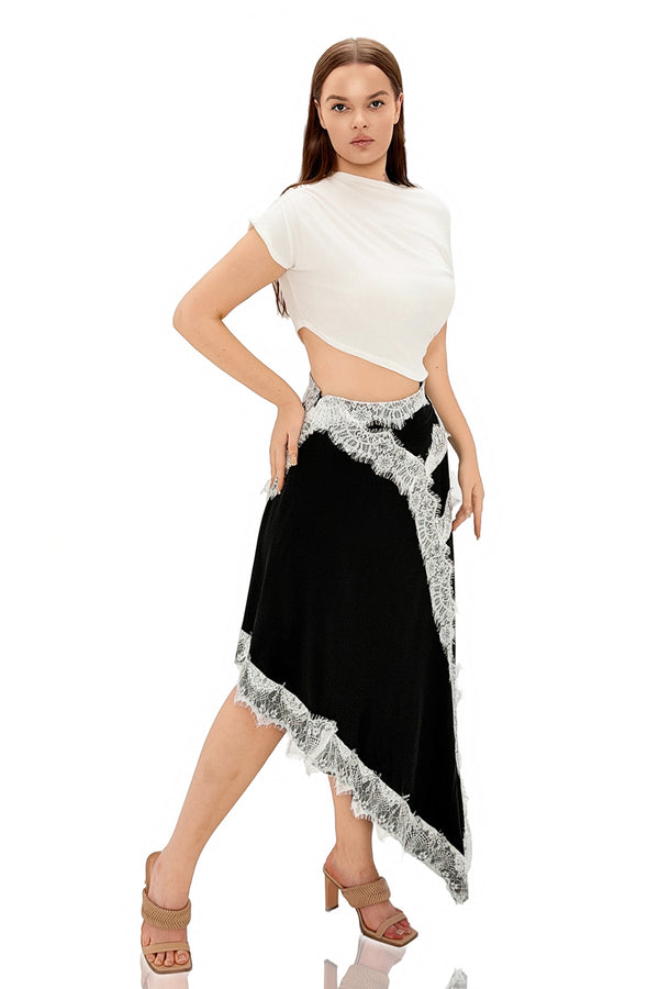 Fouzia Asymmetric Lace Satin Maxi Dress in Plus Size