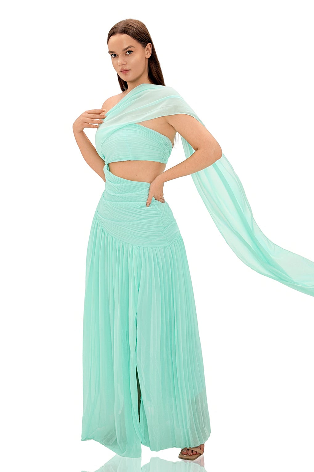 Kallistos Mint Green Asymmetrical Pleated Maxi Dress