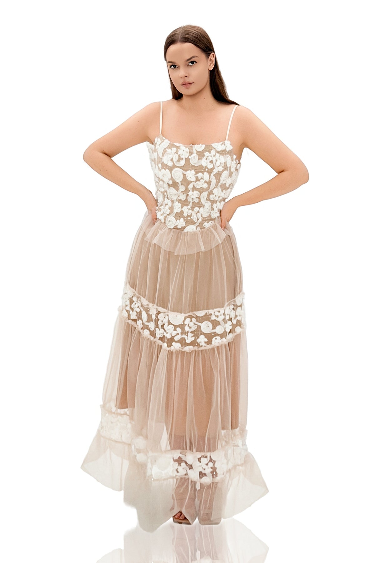 Fumie 3D Flower Appliqué Layered Tulle Strapless Maxi Dress