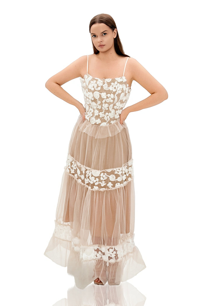 Fumie 3D Flower Appliqué Layered Tulle Strapless Maxi Dress
