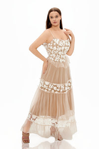 Fumie 3D Flower Appliqué Layered Tulle Strapless Maxi Dress