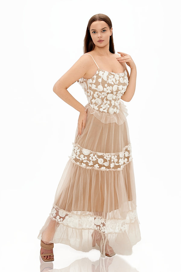 Fumie 3D Flower Appliqué Layered Tulle Strapless Maxi Dress