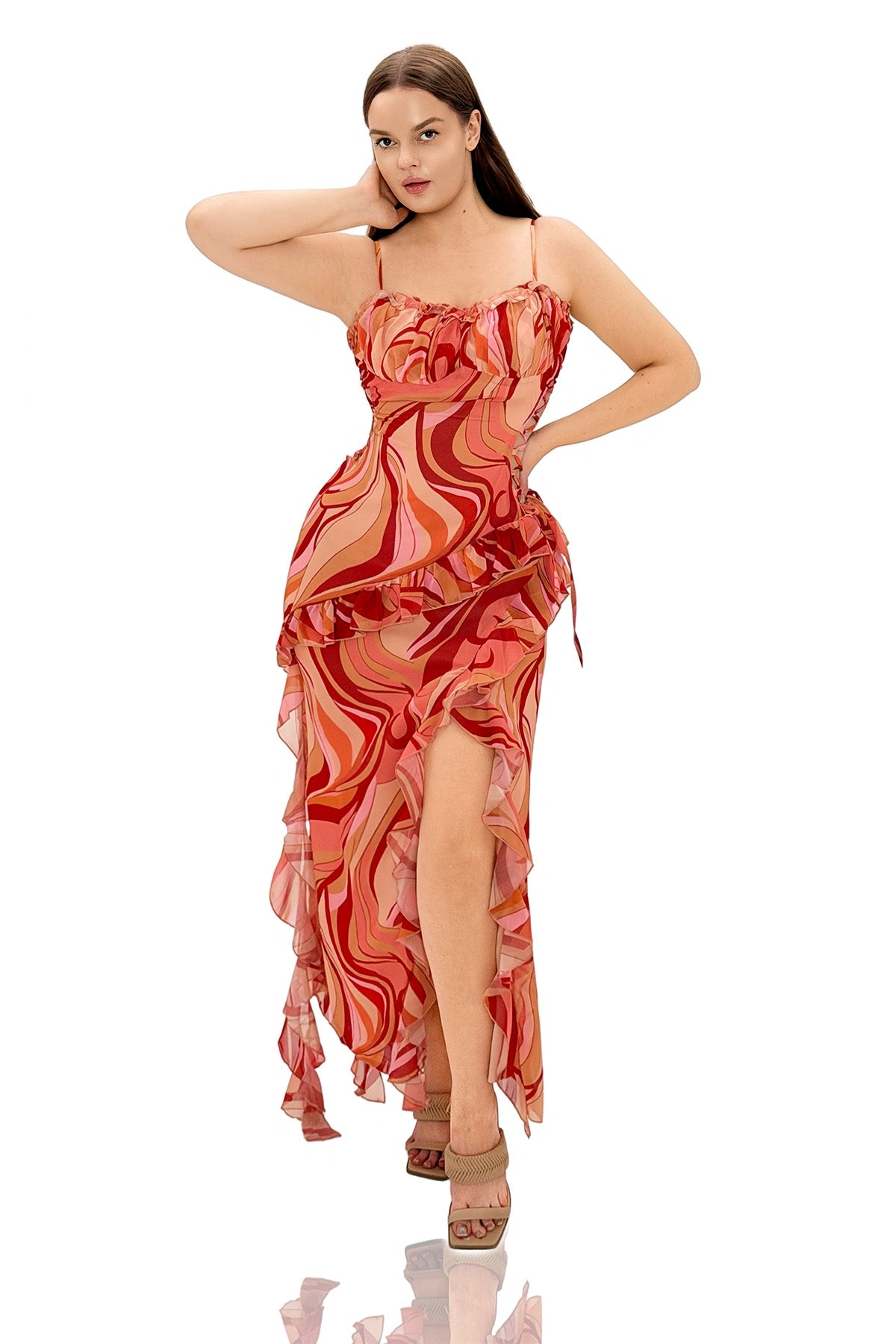 Ceyhun Lace-Up Waist Cutout Ruffle Slit Printed Cami Maxi Dress