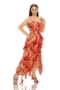 Ceyhun Lace-Up Waist Cutout Ruffle Slit Printed Cami Maxi Dress
