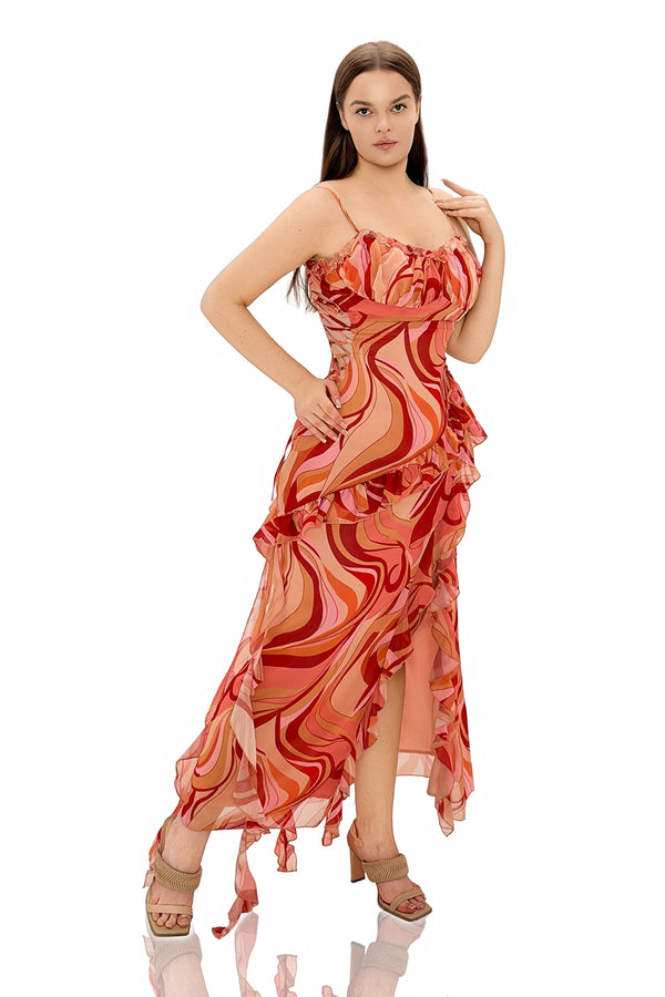 Ceyhun Lace-Up Waist Cutout Ruffle Slit Printed Cami Maxi Dress
