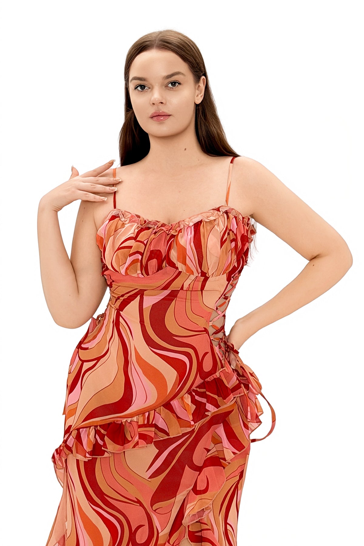 Ceyhun Lace-Up Waist Cutout Ruffle Slit Printed Cami Maxi Dress