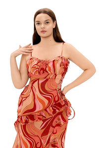 Ceyhun Lace-Up Waist Cutout Ruffle Slit Printed Cami Maxi Dress
