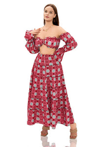 Pisney Boho Print Off-Shoulder Ruffle Two Piece Maxi Set