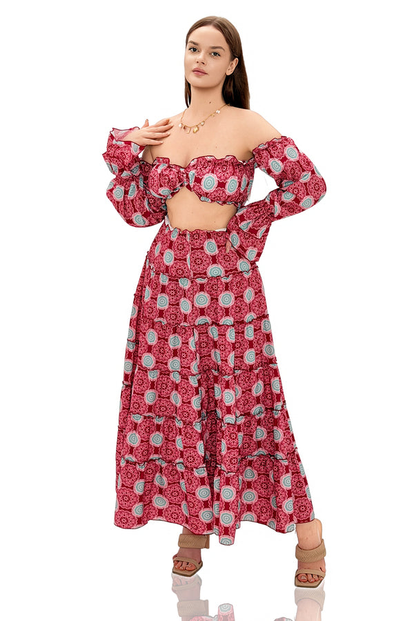 Pisney Boho Print Off-Shoulder Ruffle Two Piece Maxi Set