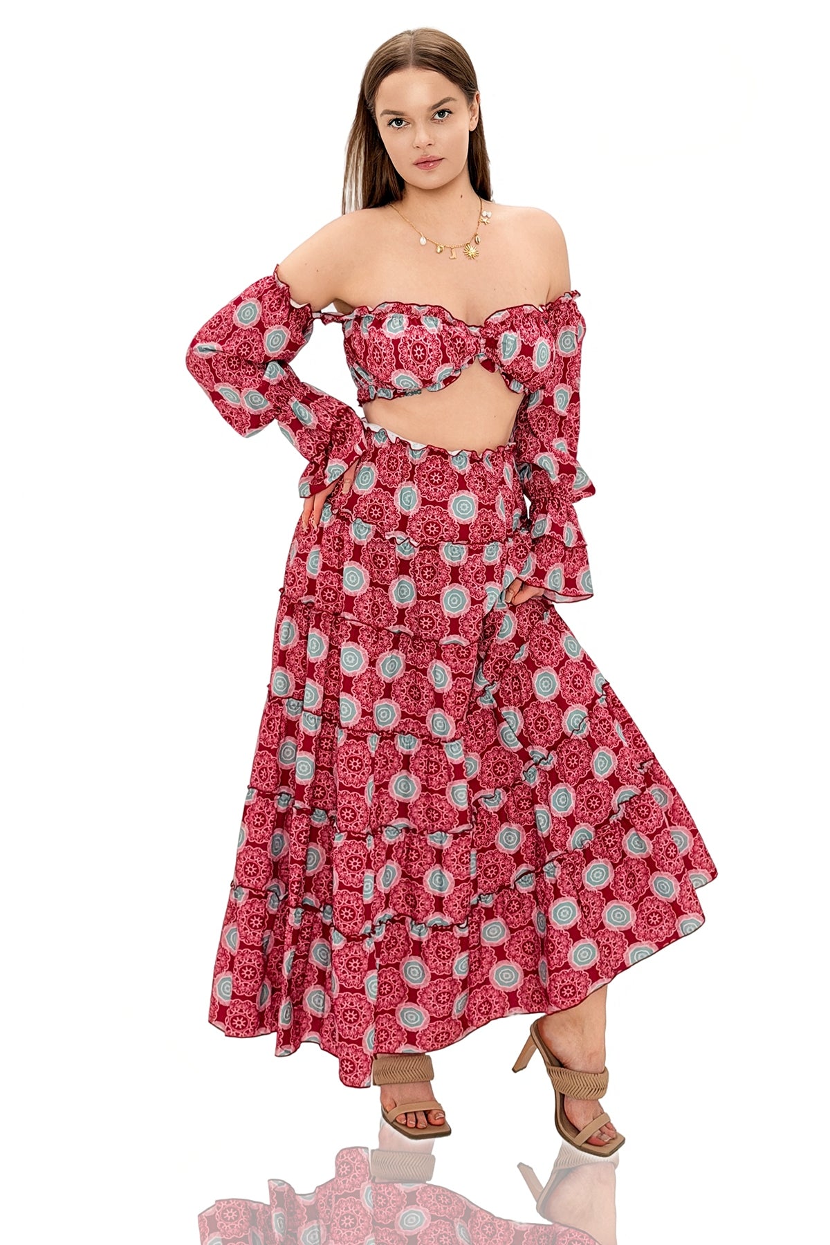 Pisney Boho Print Off-Shoulder Ruffle Two Piece Maxi Set