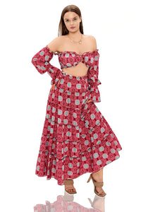 Pisney Boho Print Off-Shoulder Ruffle Two Piece Maxi Set