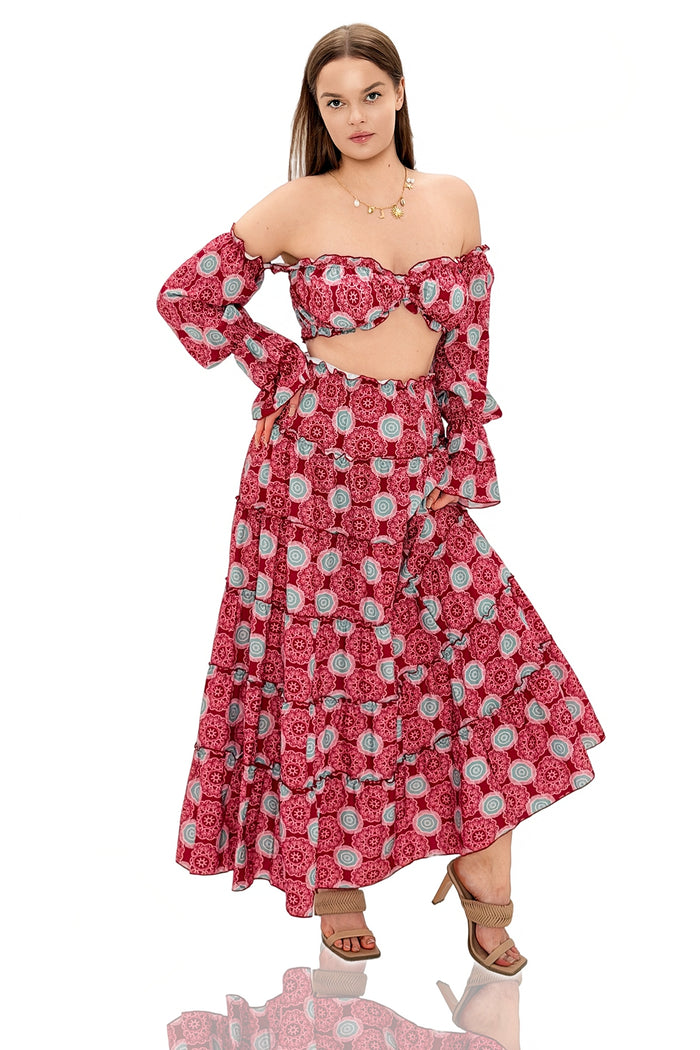 Pisney Boho Print Off-Shoulder Ruffle Two Piece Maxi Set