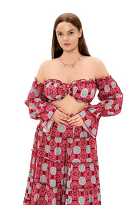 Pisney Boho Print Off-Shoulder Ruffle Two Piece Maxi Set