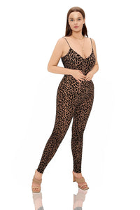 Kalyca Leopard Sheer Mesh Deep-V Jumpsuit