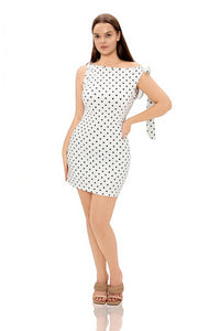Candis Asymmetric Shoulder Dot Print Ribbon Slim Dres