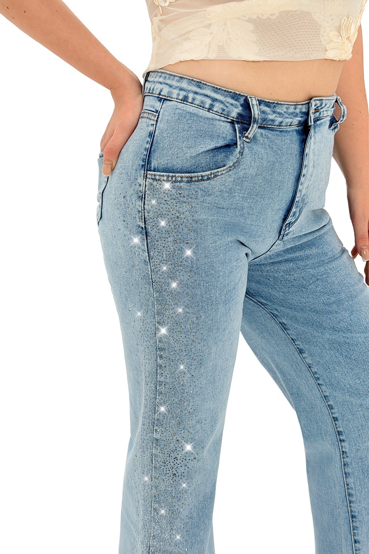 Pyrifey Rhinestone Wide Leg High Waist Jeans