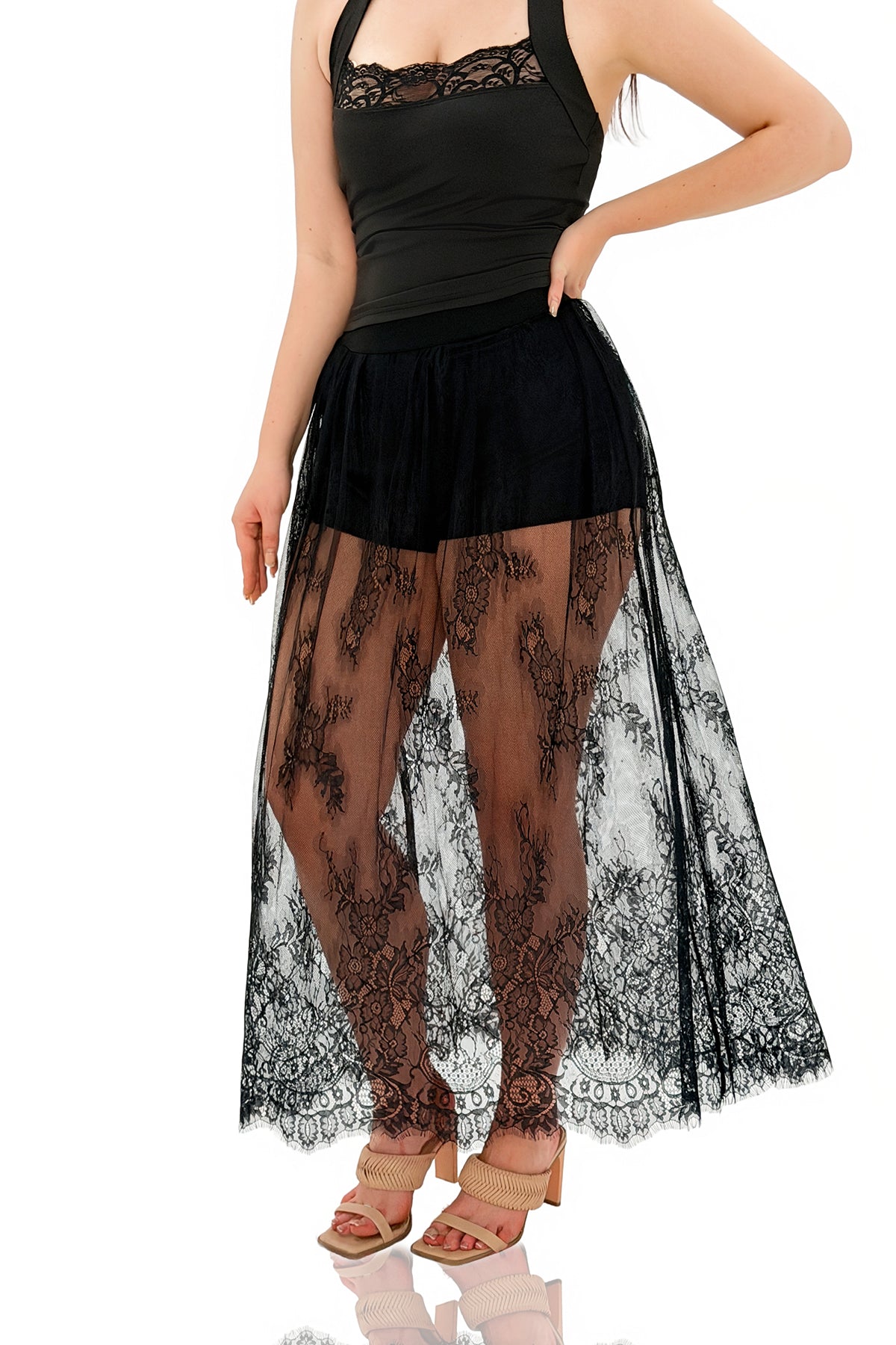 Helgea Sheer Lace Maxi Skirt With Safety Shorts