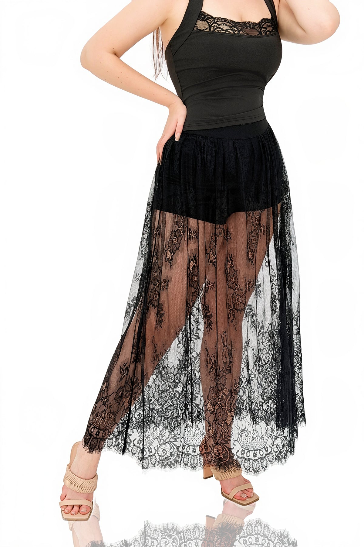 Helgea Sheer Lace Maxi Skirt With Safety Shorts