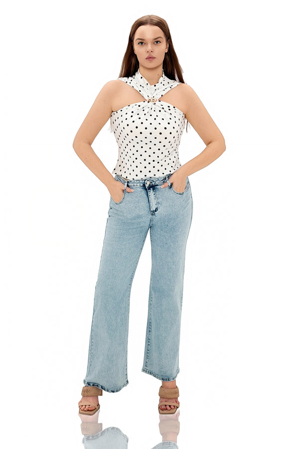 Mathjoy Polka Dot Metal Ring Halter Sleeveless Top
