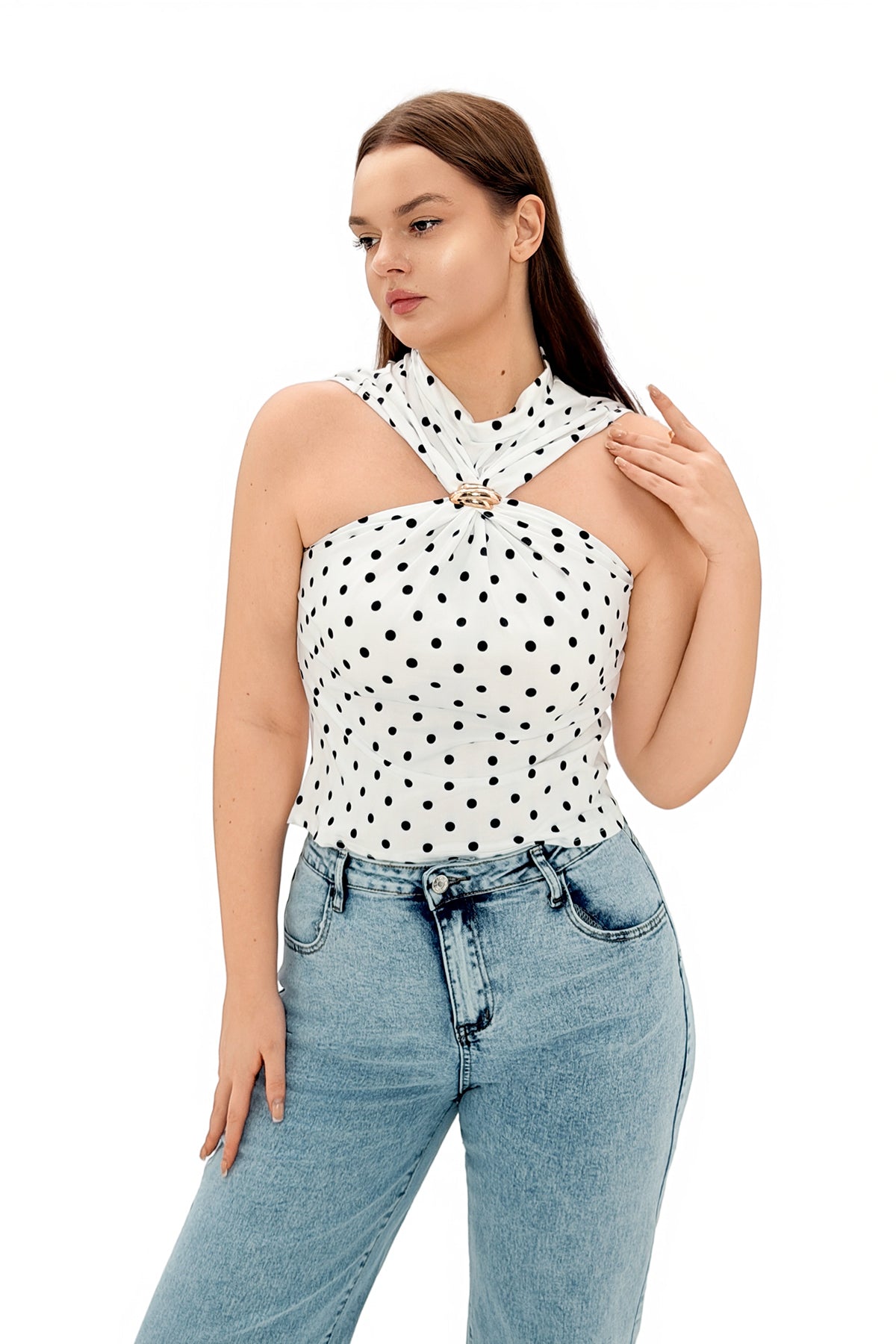 Mathjoy Polka Dot Metal Ring Halter Sleeveless Top