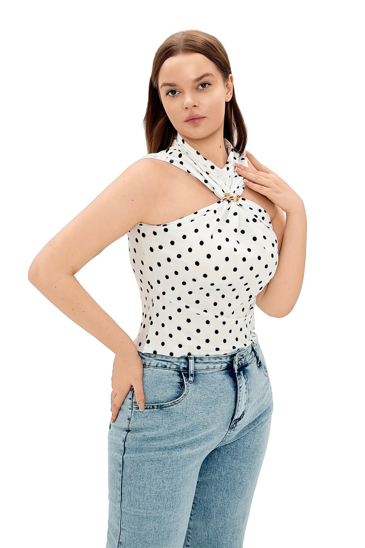 Mathjoy Polka Dot Metal Ring Halter Sleeveless Top