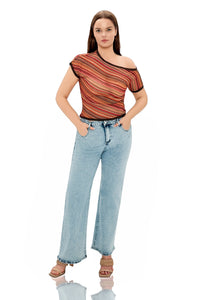 Dikla Asymmetric Slanted Neck Striped Top
