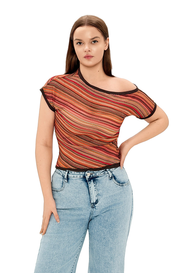 Dikla Asymmetric Slanted Neck Striped Top