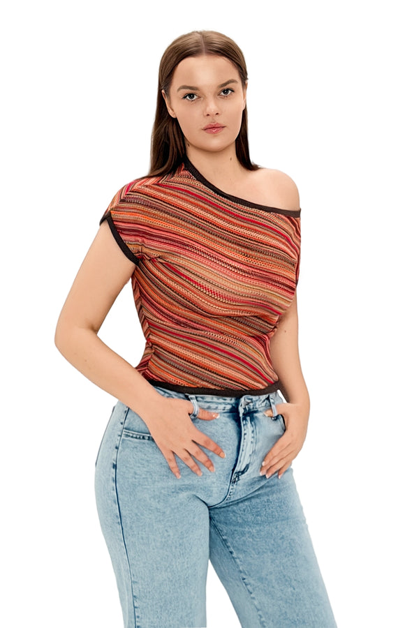 Dikla Asymmetric Slanted Neck Striped Top