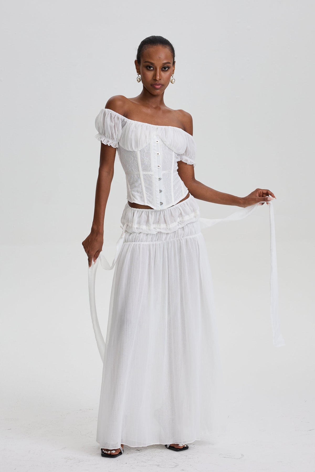 Solalnes Off-Shoulder Lace Corset Top& Ruffled Chiffon Dress Set