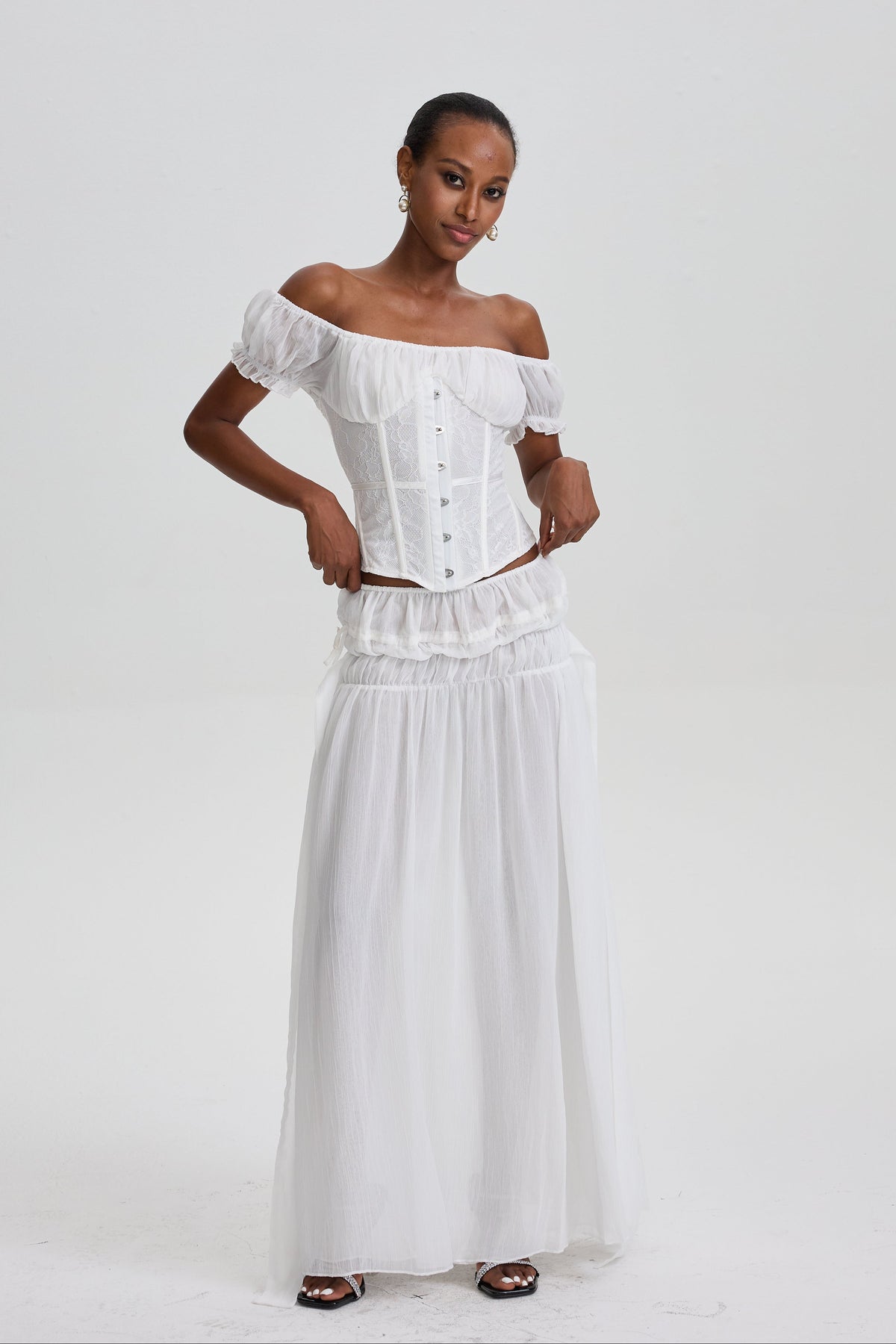 Solalnes Off-Shoulder Lace Corset Top& Ruffled Chiffon Dress Set
