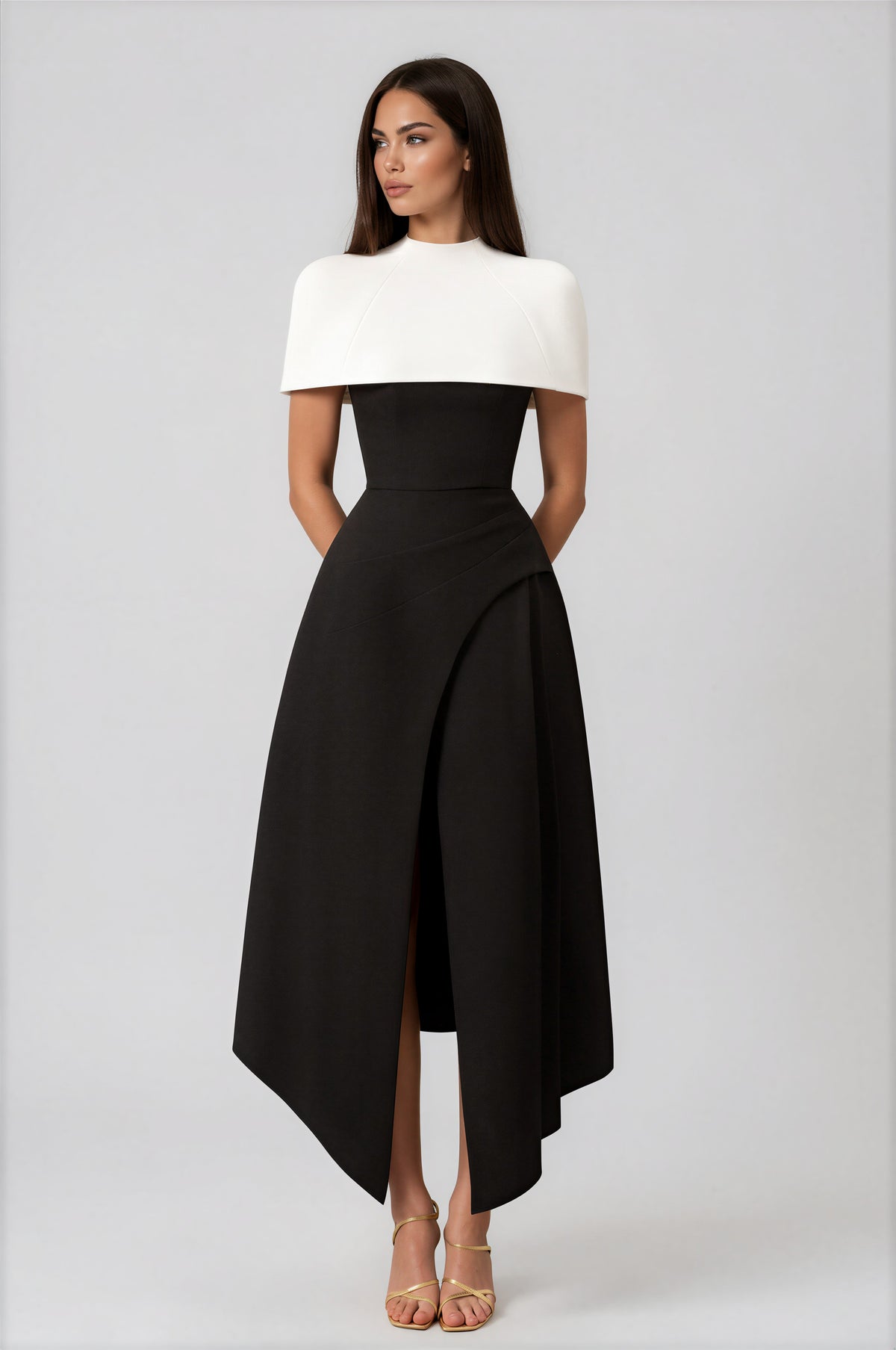 Borja Color Block Midi Dress with Shawl Detail