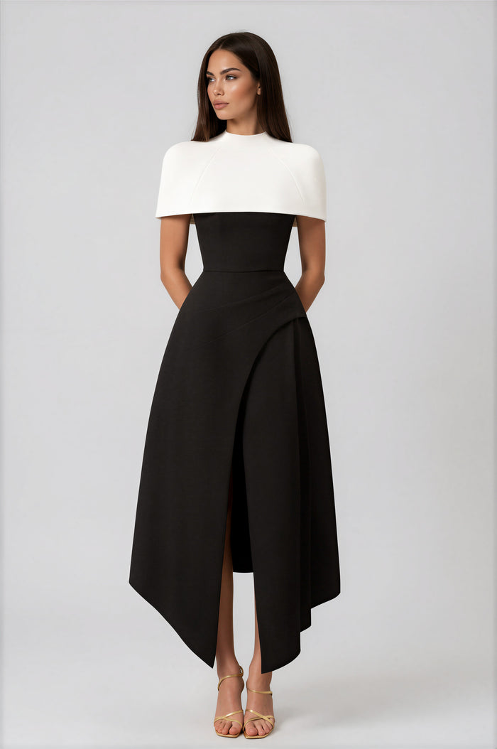 Borja Color Block Midi Dress with Shawl Detail