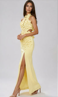 Felix Halter Neck Flower Split Maxi Dress In Yellow