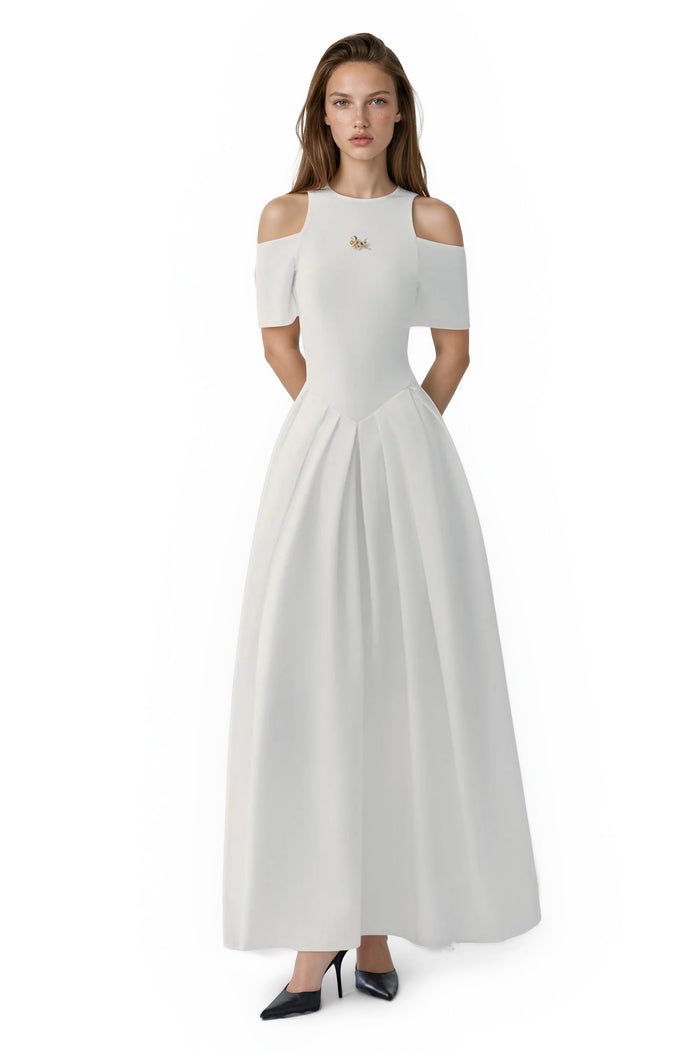 Joubby White Pleated Midi Dress with Self-tie