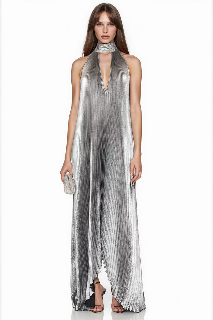 Irini Backless Metallic Pleated Maxi Dress