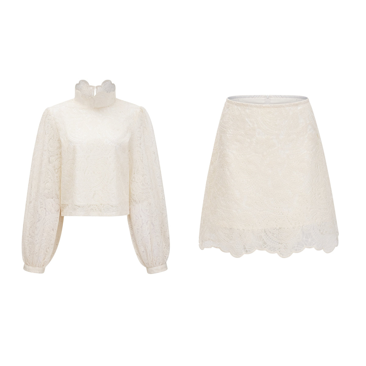 Eugénie Cream White Lace Blouse & Skirt Set