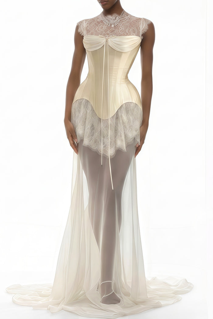Fortunatus White Lace Convertible Gown with Detachable Skirt