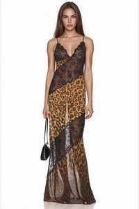 Calliope Spaghetti Lace Leopard Maxi Dress