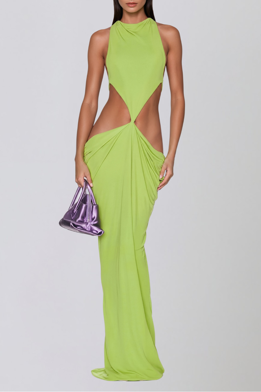 Sophie Backless Cutout Draped Maxi Dress In Chartreuse